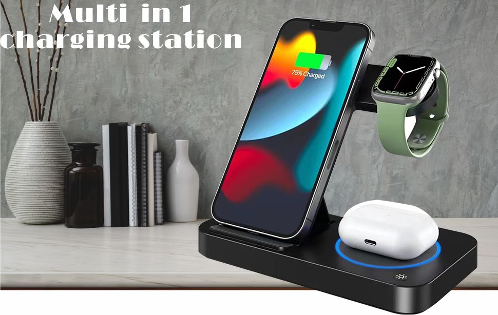 wireless charger stand 4 in 1 wireless charging station for iphone 14 13 12 11pro samsung galaxy s22 s21 series phone fast charger station for iwatch 8 7 6 5 4 3 2 airpods 3 2 pro details 0