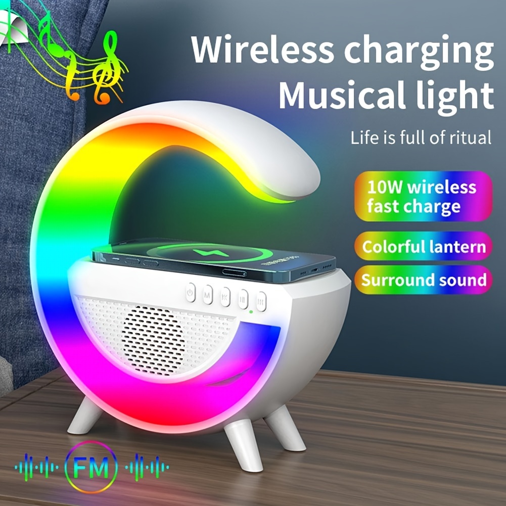 2023 new wireless speakers with wireless fast charging rhythm rgb light bar smart light sunrise alarm clock wake up light for bedrooms dimmable table lamp details 0
