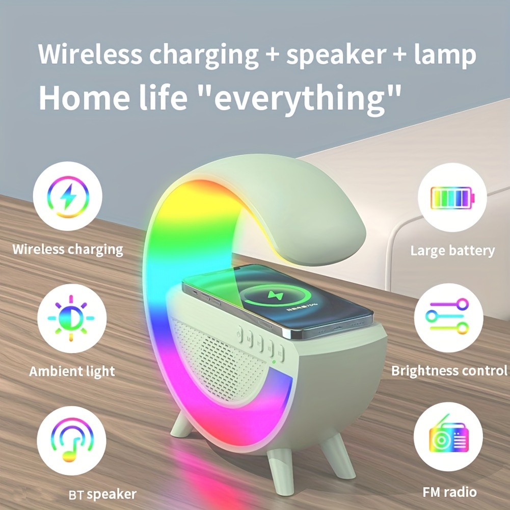 2023 new wireless speakers with wireless fast charging rhythm rgb light bar smart light sunrise alarm clock wake up light for bedrooms dimmable table lamp details 3