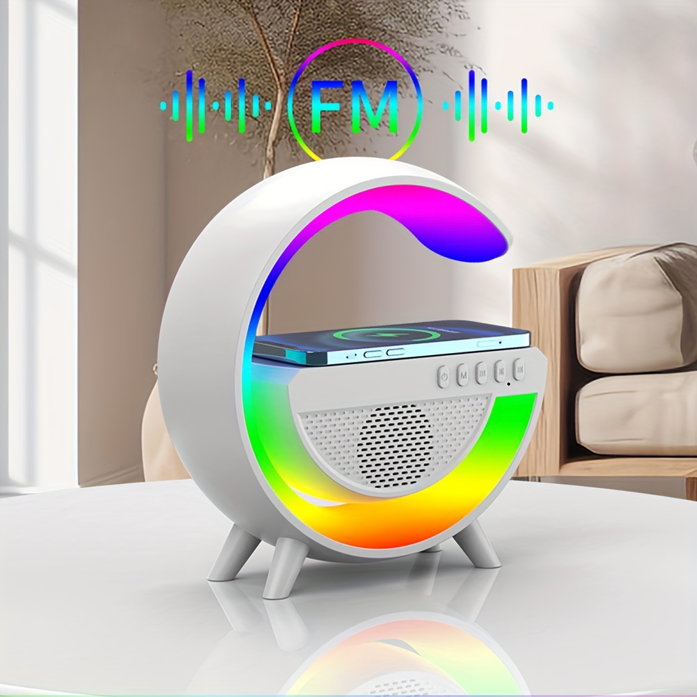 2023 new wireless speakers with wireless fast charging rhythm rgb light bar smart light sunrise alarm clock wake up light for bedrooms dimmable table lamp details 4
