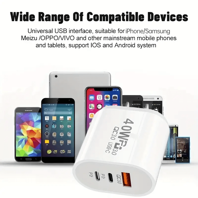 universal charger with 3 ports 2pd 1 usb ports 40w fast charging 3 0 fast usb wall charger portable mobile charger qc 3 0 travel adapter for samsung iphone android mainstream models details 3