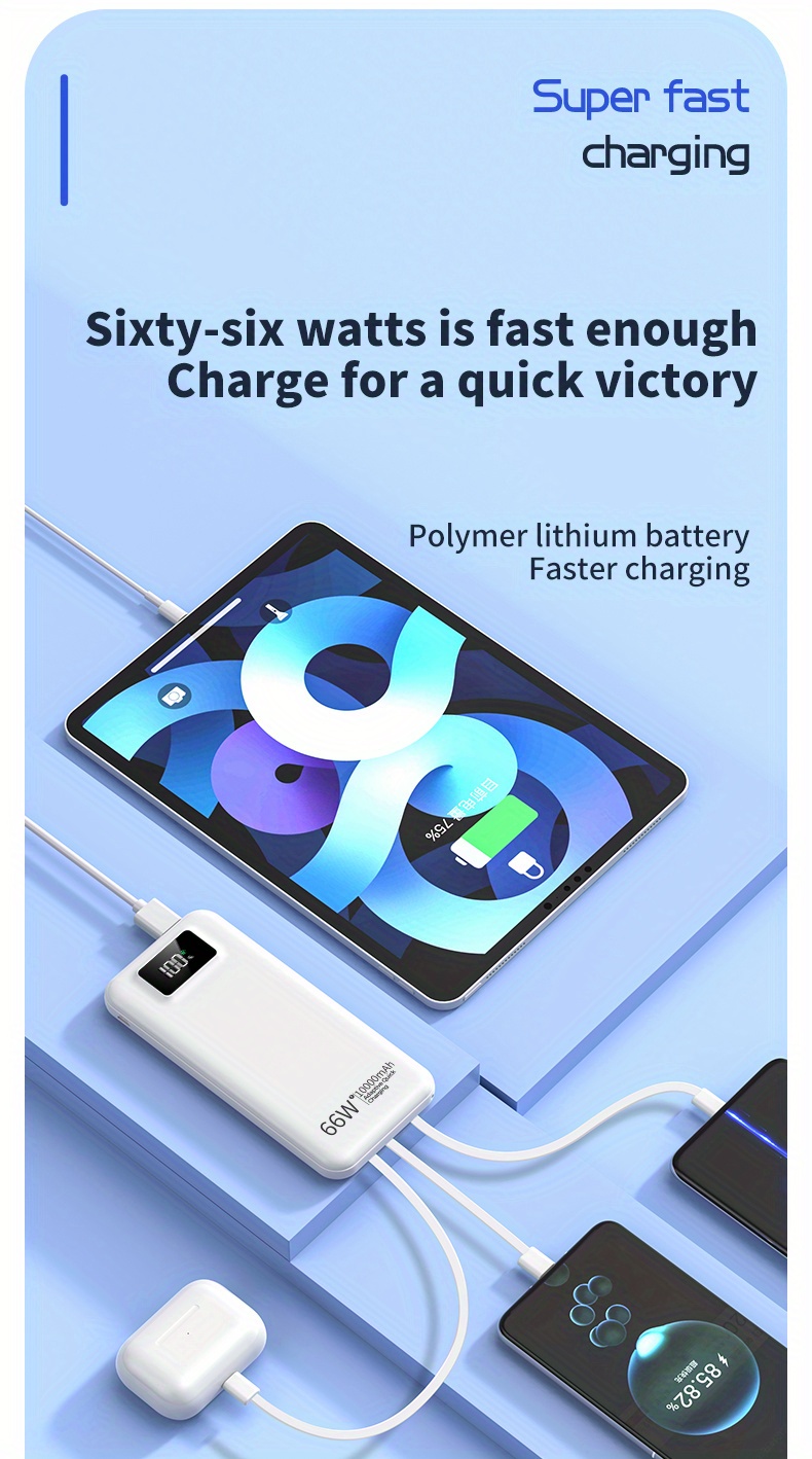 usb power bank-10000mah 66w super fast charging power bank portable usb power bank compatible with android apple devices led digital power display 4 charging cables details 1