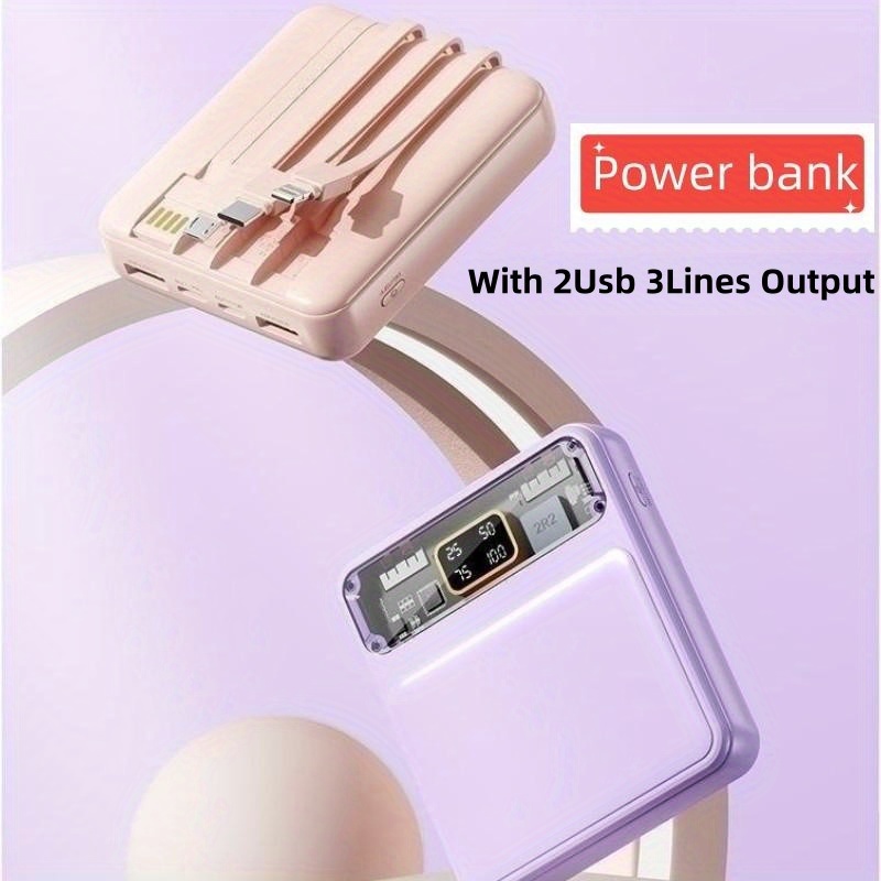 10000 mah power bank comes with 4 wires fast charging transparent mobile power supply for iphone samsung xiaomi oppo intelligent devices details 0
