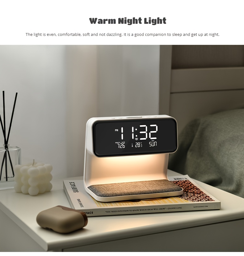 wireless charging lcd alarm clock wireless phone charger creative 3 in 1 bedside lamp night light atmosphere light details 3