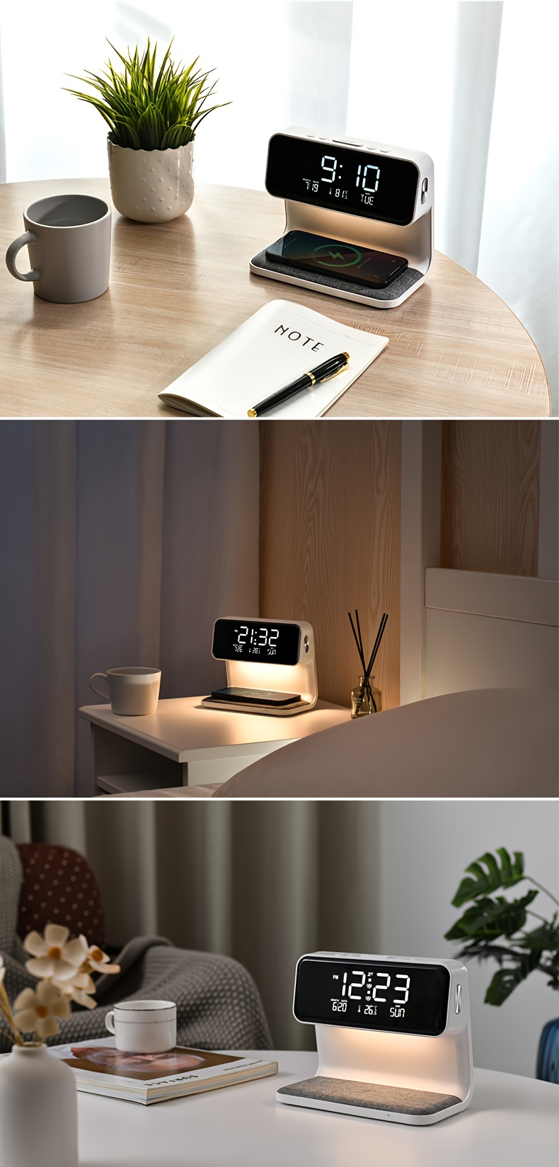 wireless charging lcd alarm clock wireless phone charger creative 3 in 1 bedside lamp night light atmosphere light details 4