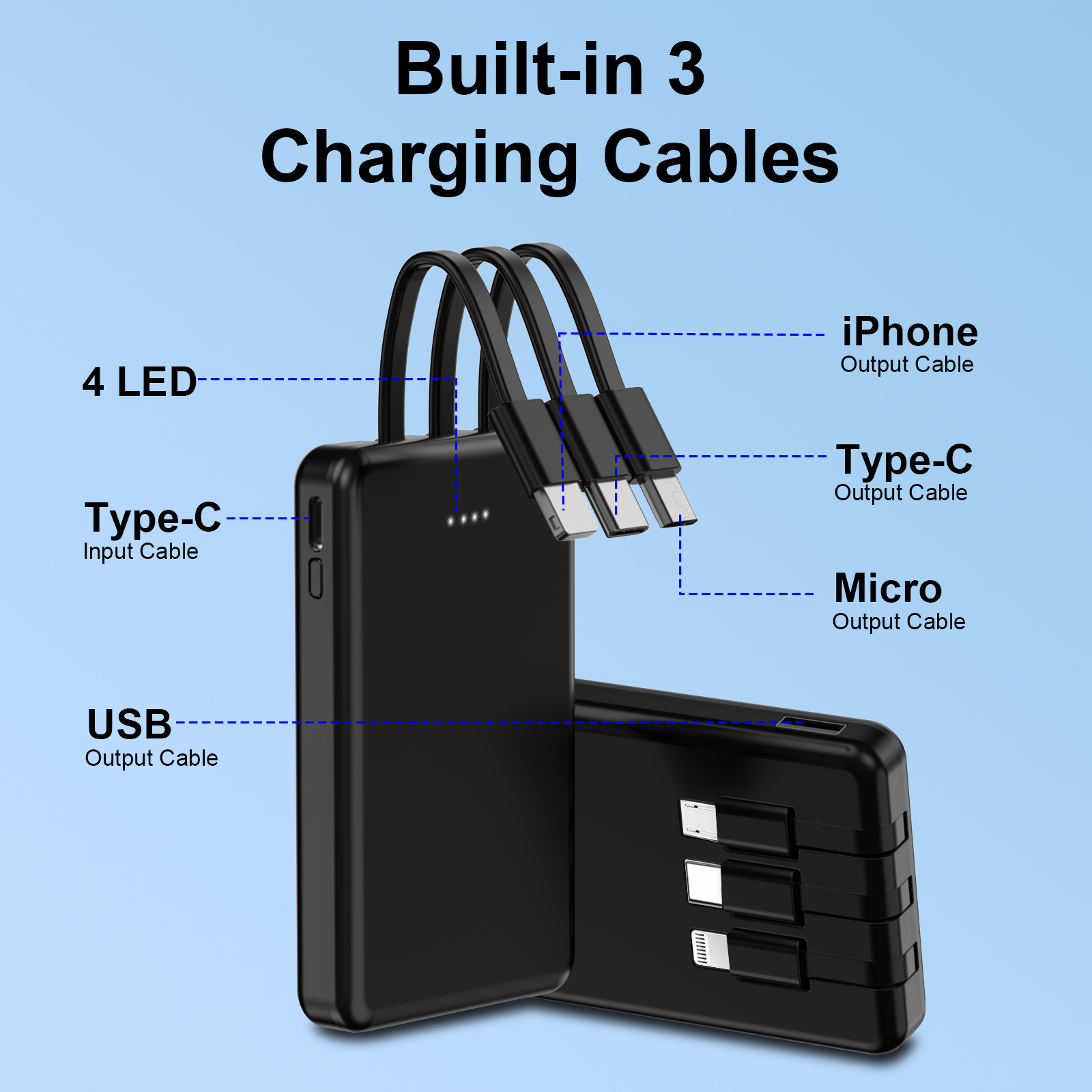portable mobile phone charger built in cable mini mobile power supply slim and lightweight usb battery pack external mobile phone charger for samsung for iphone for ipad etc details 3