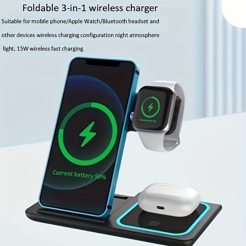 night atmosphere light-3 in 1 foldable wireless fast charging station for mobile phones watch wireless earphones and other devices wireless charging configuration night atmosphere light 15w wireless fast charging details 0